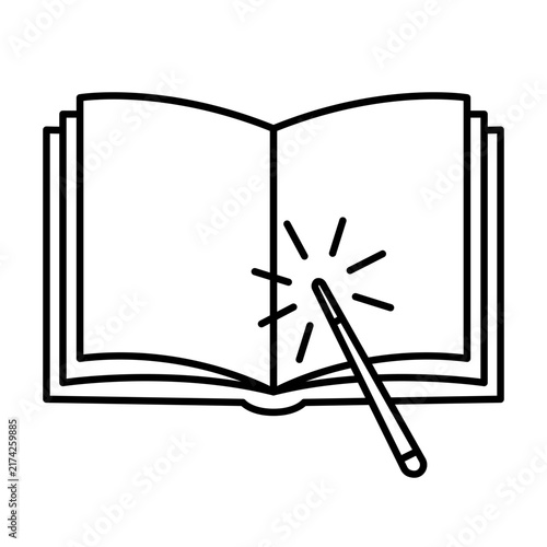 Open spell book with magic wand and sparkles black vector icon