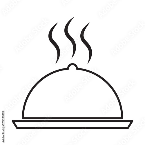 Restaurant food tray cloche with steam black vector line icon