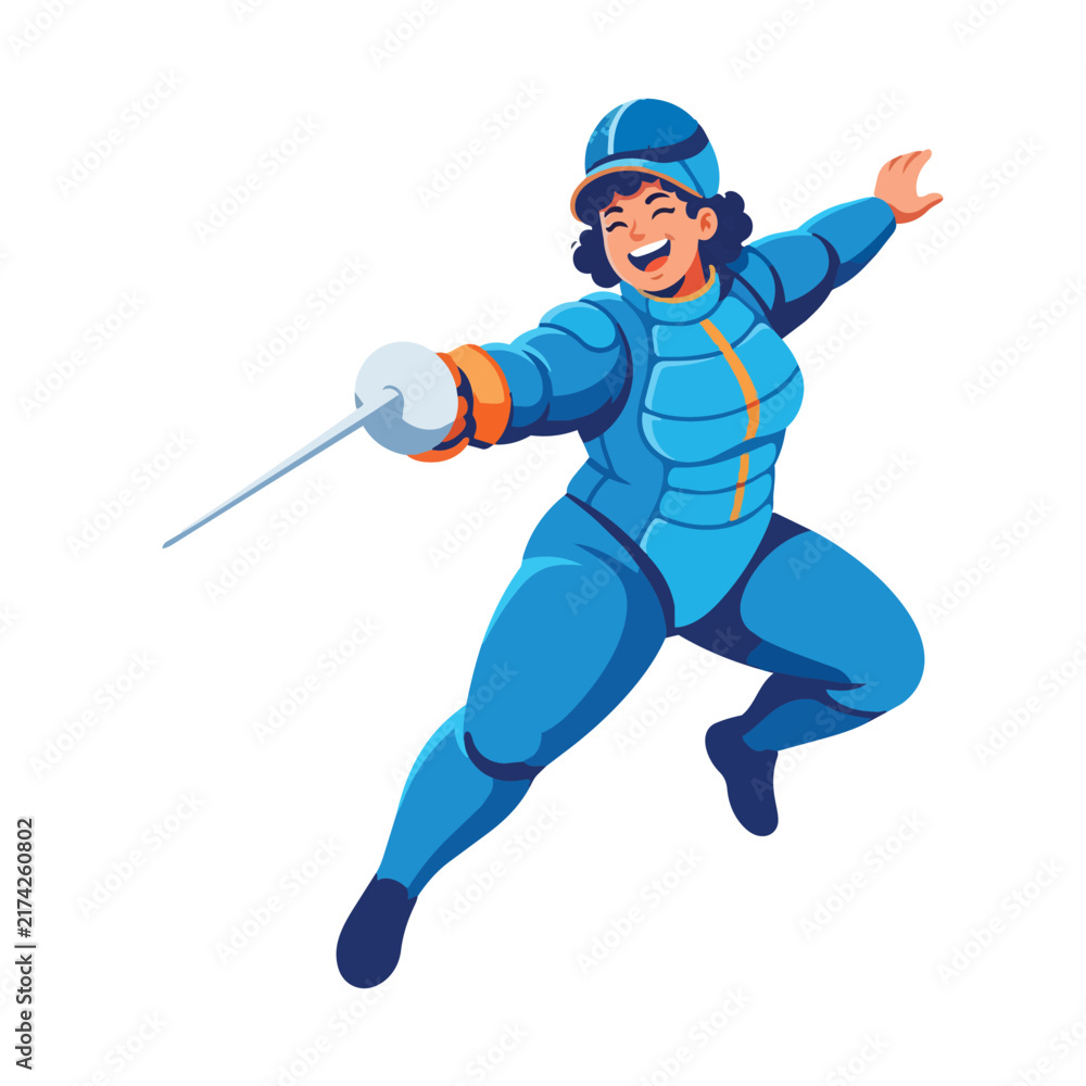 Fototapeta premium Happy Fencer in Blue Armor Posing