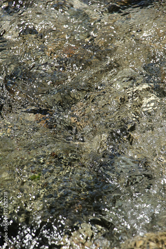 Foto Clear river water with sunlight reflections and stones
