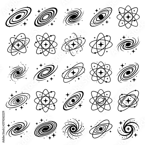Large set of black and white galaxy swirl and atom orbit icons with white