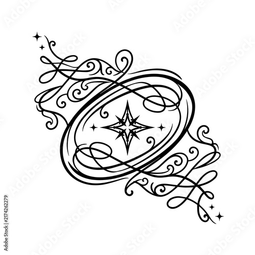 Celestial star icon with swirling decorative flourishes and orbital ring design