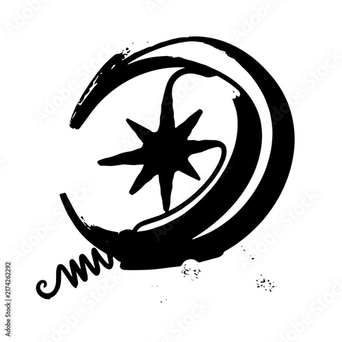 Textured crescent moon and star symbol with a curly tail and sparkles