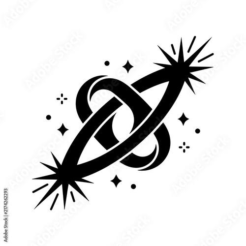 Abstract celestial planet with glowing starburst ends and orbital path