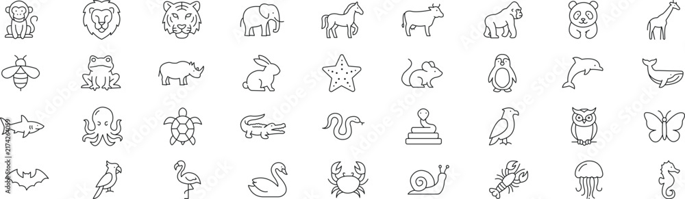 Fototapeta premium Editable Animals and Wildlife Line Icons Set – Lion, Tiger, Elephant, Horse, Panda, Birds and Marine Animals