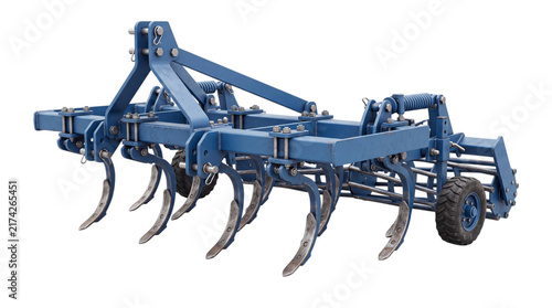 Quadro su tela Blue agricultural tiller with multiple tines and isolated on png transparent bac