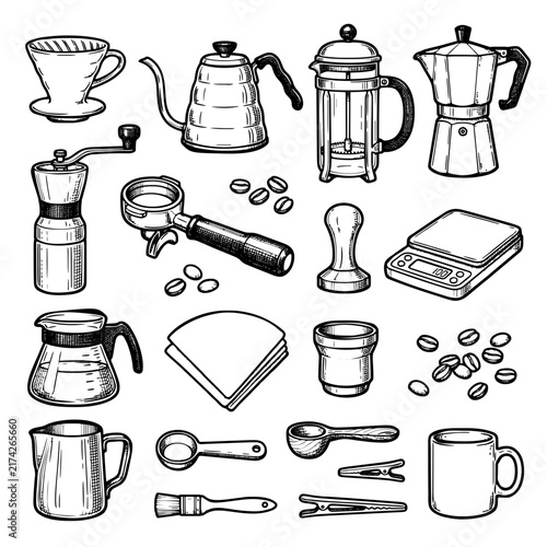 Coffee Brewing Equipment Hand Drawn Set