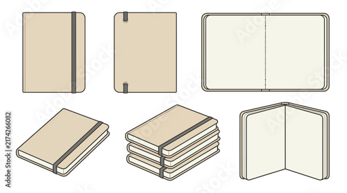 Set of diverse notebook and journal vector icons featuring various angles for daily planning, creative sketching, and organized professional note taking
