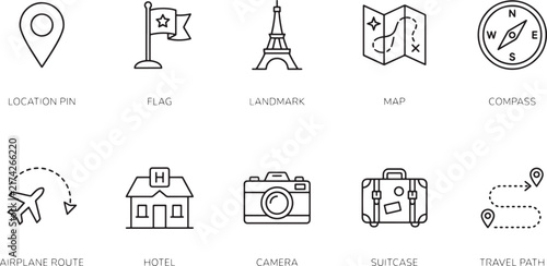 Travel Navigation Line Icons Set, Tourism Outline Vector Collection for Location Pin, Flag, Landmark, Map, Compass, Airplane and Hotel Design