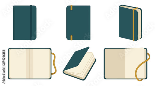 Minimalist black journal notebook illustration set with open and closed perspectives for stationery mockup and creative design assets