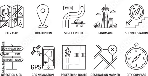 City Navigation Line Icons Set, Urban Wayfinding Outline Vector Collection for City Map, Location Pin, Street Route, Landmark and Subway Design