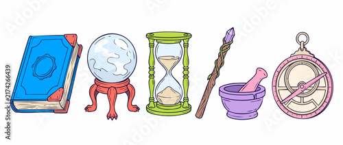 Bild auf Leinwand Magic wizard items alchemy set vector illustration featuring crystal ball grimoi
