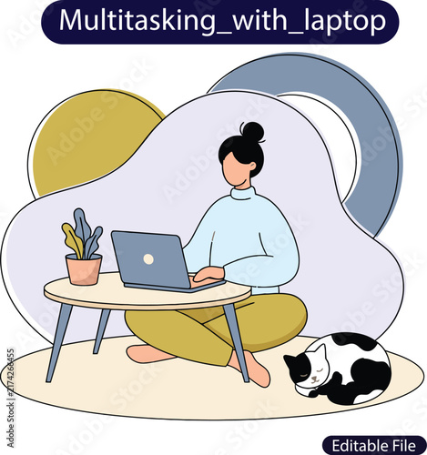 Foto Woman multitasking with laptop at home table with sleeping house cat