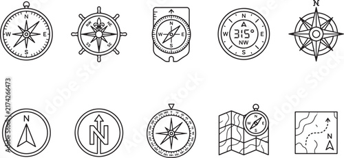 Compass Navigation Line Icons Set, Direction and Travel Outline Vector Collection for Magnetic Compass, Rose, Map, Coordinates and Adventure Design