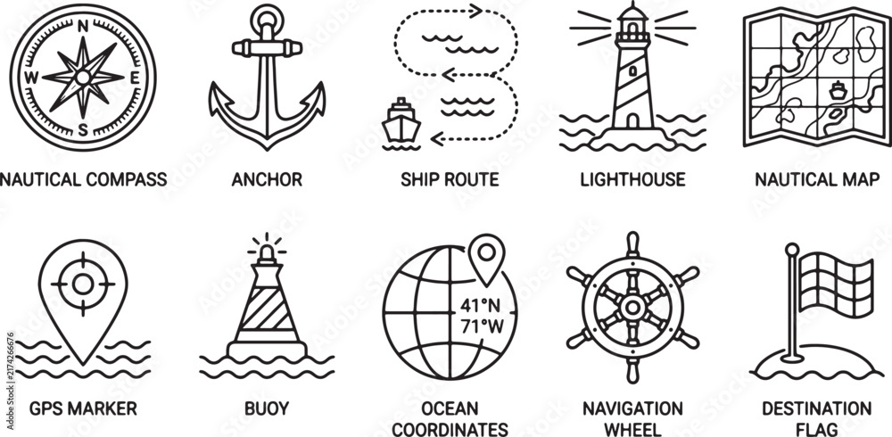 Fototapeta premium Nautical Navigation Line Icons Set, Marine Travel Outline Vector Collection for Compass, Anchor, Ship Route, Lighthouse, Buoy and Ocean Map Design