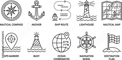 Nautical Navigation Line Icons Set, Marine Travel Outline Vector Collection for Compass, Anchor, Ship Route, Lighthouse, Buoy and Ocean Map Design
