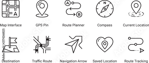 GPS Navigation Line Icons Set, Route Planning Outline Vector Collection for Map Interface, Location, Compass, Destination and Travel Design