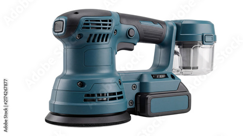 Fotografie Teal and black cordless random orbital sander isolated on png transparent backgr