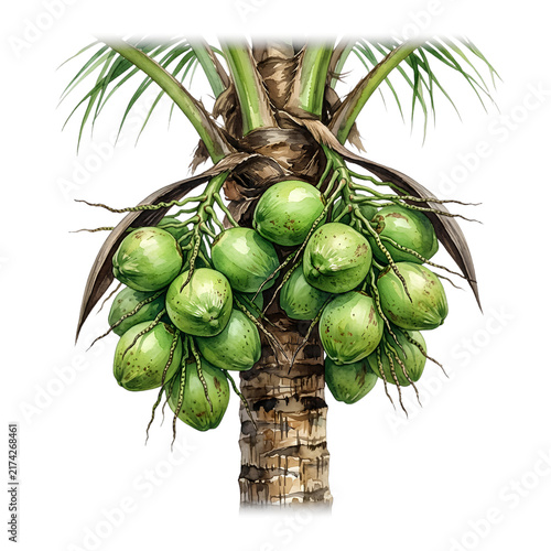 Detailed realistic watercolor artwork focusing on a cluster of green coconuts growing on a palm tree for agricultural design.