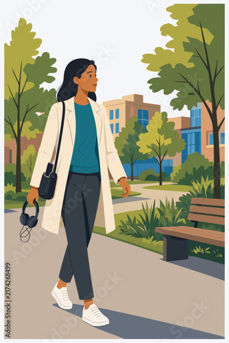 Young woman walking in a park with headphones, relaxed and stylish background