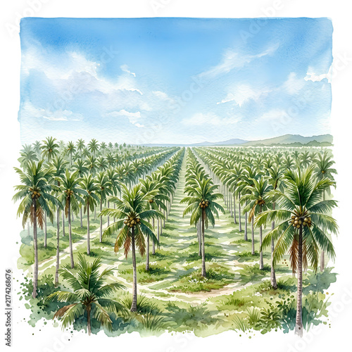 coconut, plantation, tropical, palm, tree, grove, landscape, watercolor, painting, nature, green, agriculture, farming, exotic, island, summer, sun, sky, foliage, growth, orchard, rural, coastal, envi