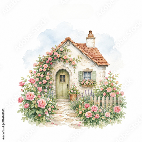 Cozy Watercolor Cottage Surrounded by Pink Roses
