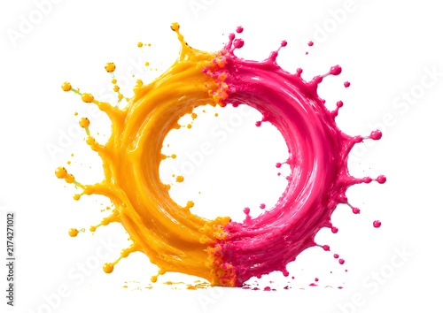 Circular ring of yellow and pink paint liquid splash in motion