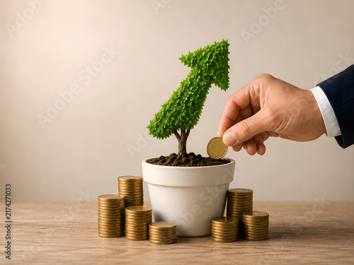 Business Investment Growth Concept with Coin in Green Plant Arrow and Money Stacks