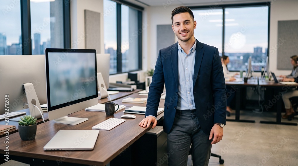 Obraz premium Smiling businessman in a modern office with computers and city view