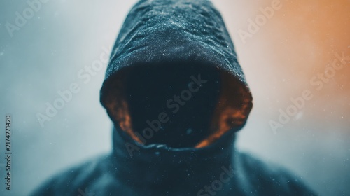 A hooded figure shrouded in darkness stands against a blurred, snowy, cold background.