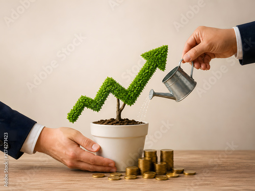 Business Growth Investment Concept with Green Plant Chart and Coins