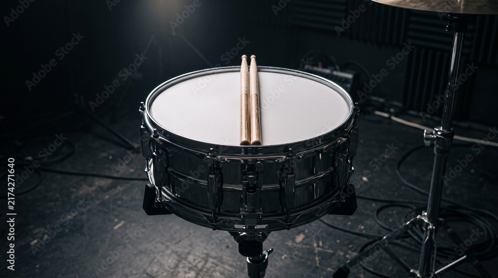 Obraz premium Close up of a snare drum with drumsticks resting on its white head in a dimly lit studio setting