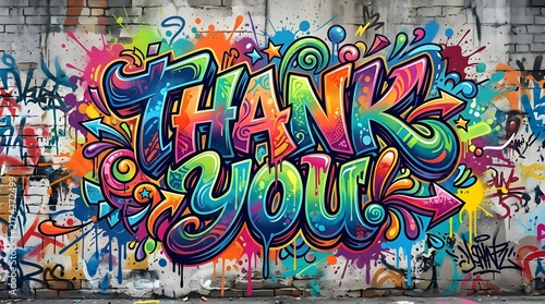 Colorful Thank You graffiti surrounded by flowers, leaves, and vibrant paint splashes, creating a cheerful botanical appreciation design with expressive lettering.