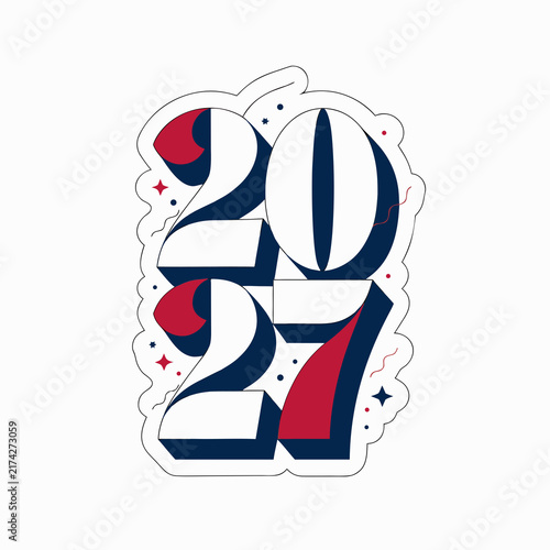 Happy New Year 2027 typography illustration sticker design with 3D bold numbers and decorative confetti elements isolated on light gray background.