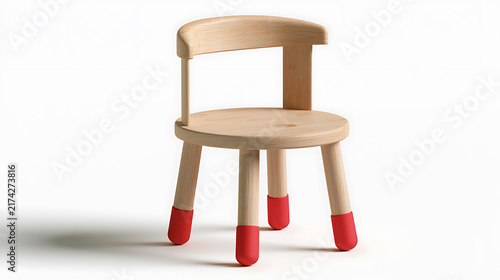 Light wood children s chair with red leg protectors on a white background