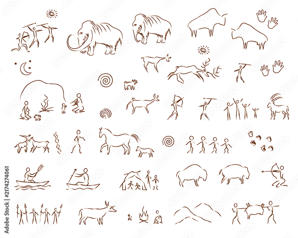 Fototapeta premium Prehistoric Cave Art & Ancient Symbols Vector Bundle