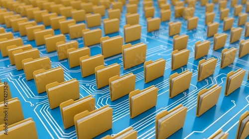 Digital data storage archive concept with yellow folders on a blue circuit board.
