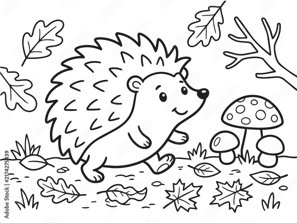 Fototapeta premium Coloring Page Cute cartoon hedgehog walking in autumn with leaves and mushrooms