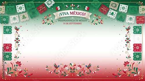 Mexican Independence Day frame background with traditional papel picado floral ornaments and copy space