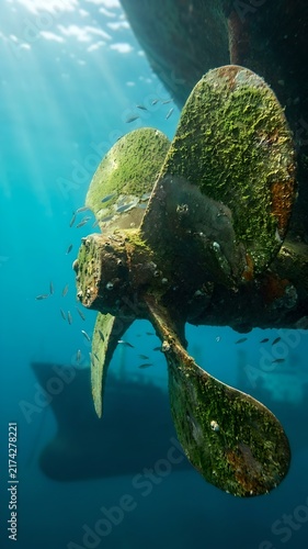 Weathered Ship Propeller Covered in Green Algae and Barnacles Beneath the Ocean Surface: Sunbeams Filter Through the Water, Highlighting the Corroded Metal, While Schools of Small Fish Swim Around the