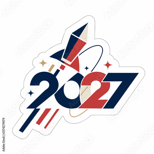 Happy New Year 2027 typography illustration sticker with flying rocket ship and stars