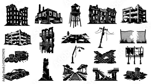 Black and White Vector Icons of Ruined Cityscape Elements for Post-Apocalyptic Themes