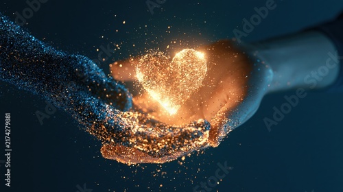 A glowing golden heart shape emerges from the magical convergence of two human hands representing the powerful connection between souls seeking deep emotional unity during this wondrous life