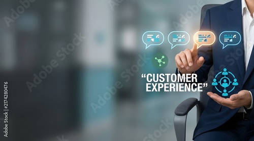 Business professional interacting with digital customer experience icons on a virtual interface