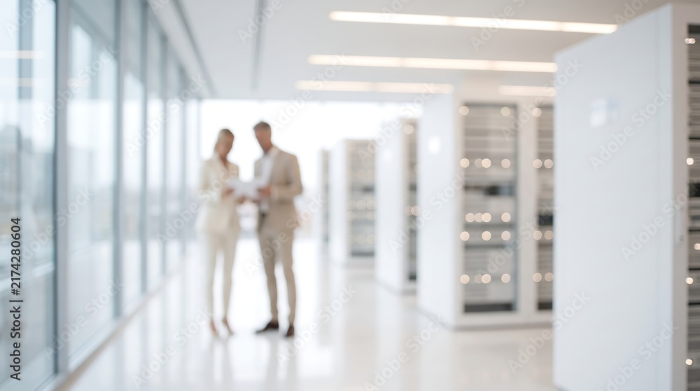 Fototapeta premium Two business professionals reviewing documents in bright modern server room with white cabinets