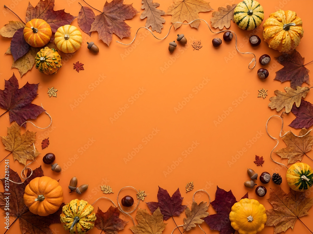 Fototapeta premium Festive Halloween border with decorative pumpkins and dry autumn leaves on orange background with copyspace