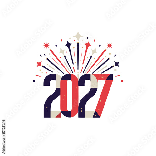 Happy New Year 2027 typography illustration with colorful fireworks explosion and stars isolated on white background.