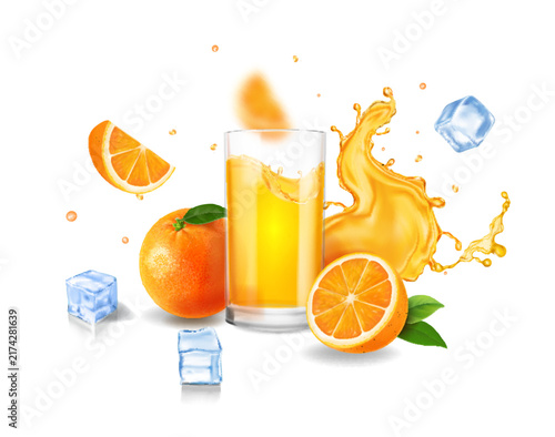 Oranges and a glass of splashing juice. Advertising isolated Fresh orange fruit slices. ice cubes on white background. Realistic vector