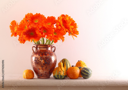 autumn composition with gerberas and mixed pumpkins