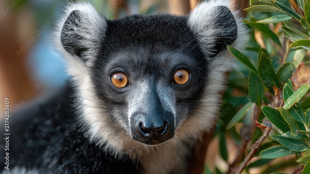Obraz premium This mesmerizing portrait showcases a Black-and-white ruffed lemur, its striking amber eyes and unique fur pattern creating an unforgettable primate encounter in the forest